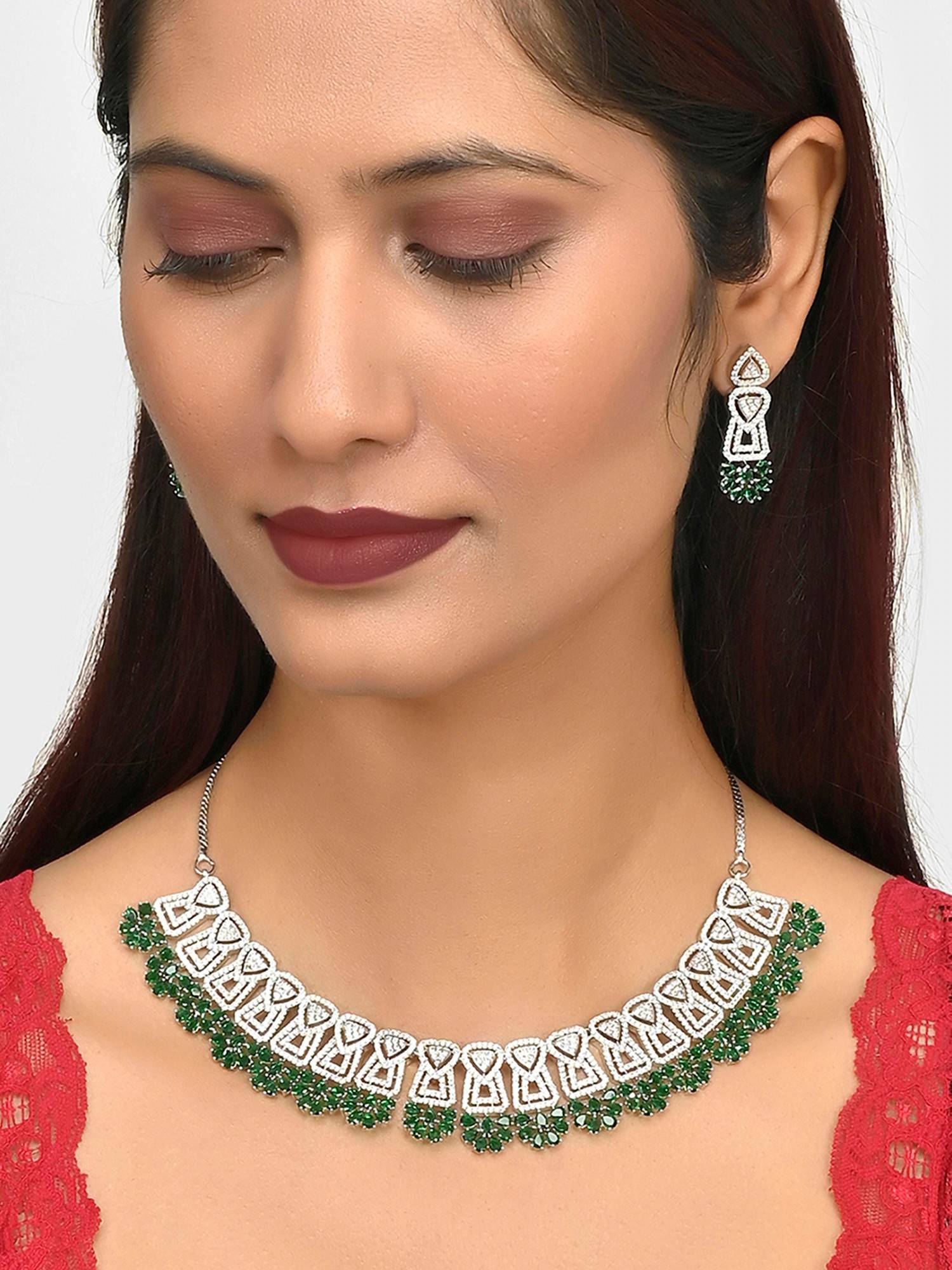 Voylla Green and White Triangle Cut CZ Adorned Brass Silver Plated Jewellery Set