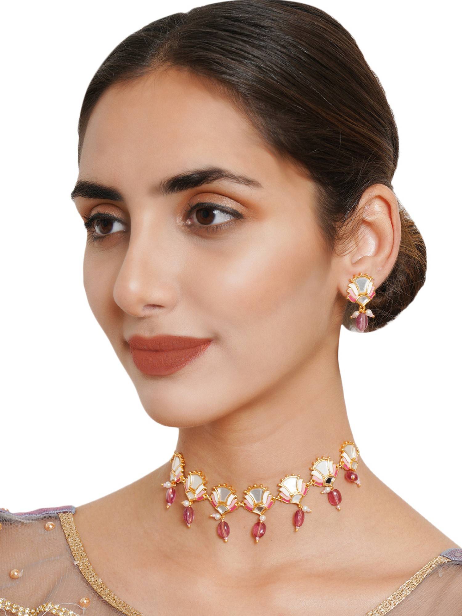 Voylla Festive Hues Floral Mirror Work Brass Gold Plated Jewellery Set