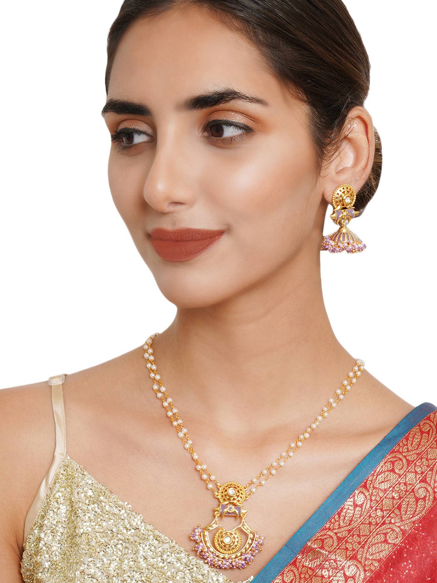 Voylla Festive Hues Yellow Gold Plated Faux Pearls Adorned Brass Jewellery Set