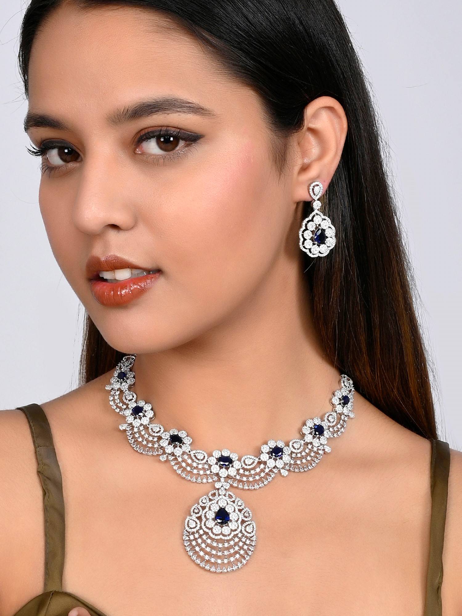 Voylla CZ Elegance Teardrop Cut Blue Gems Jewellery Set