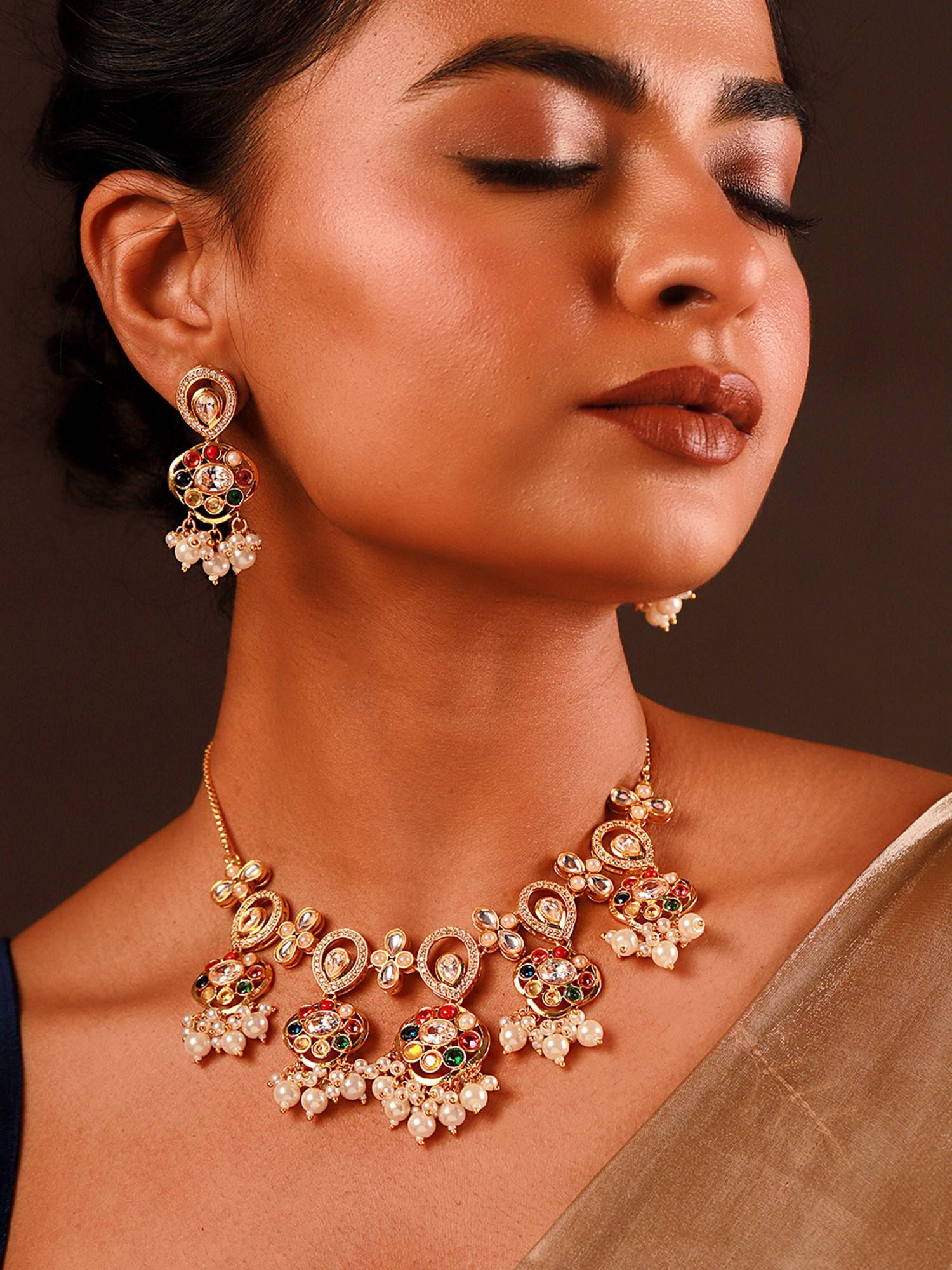 Voylla Navratan Fluid Elegance Short Necklace with Earrings