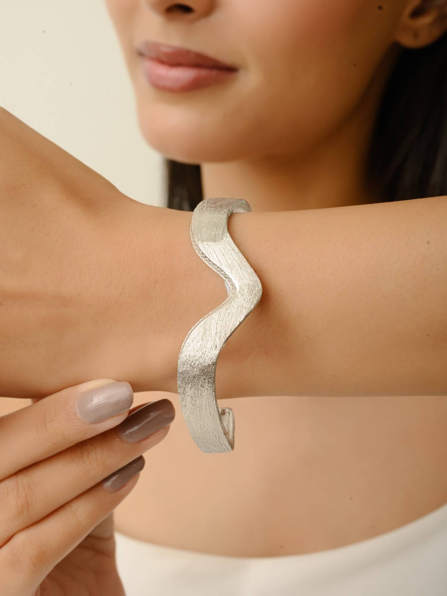 METALM Wavy Textured Open Cuff Bangle In 925 Silver