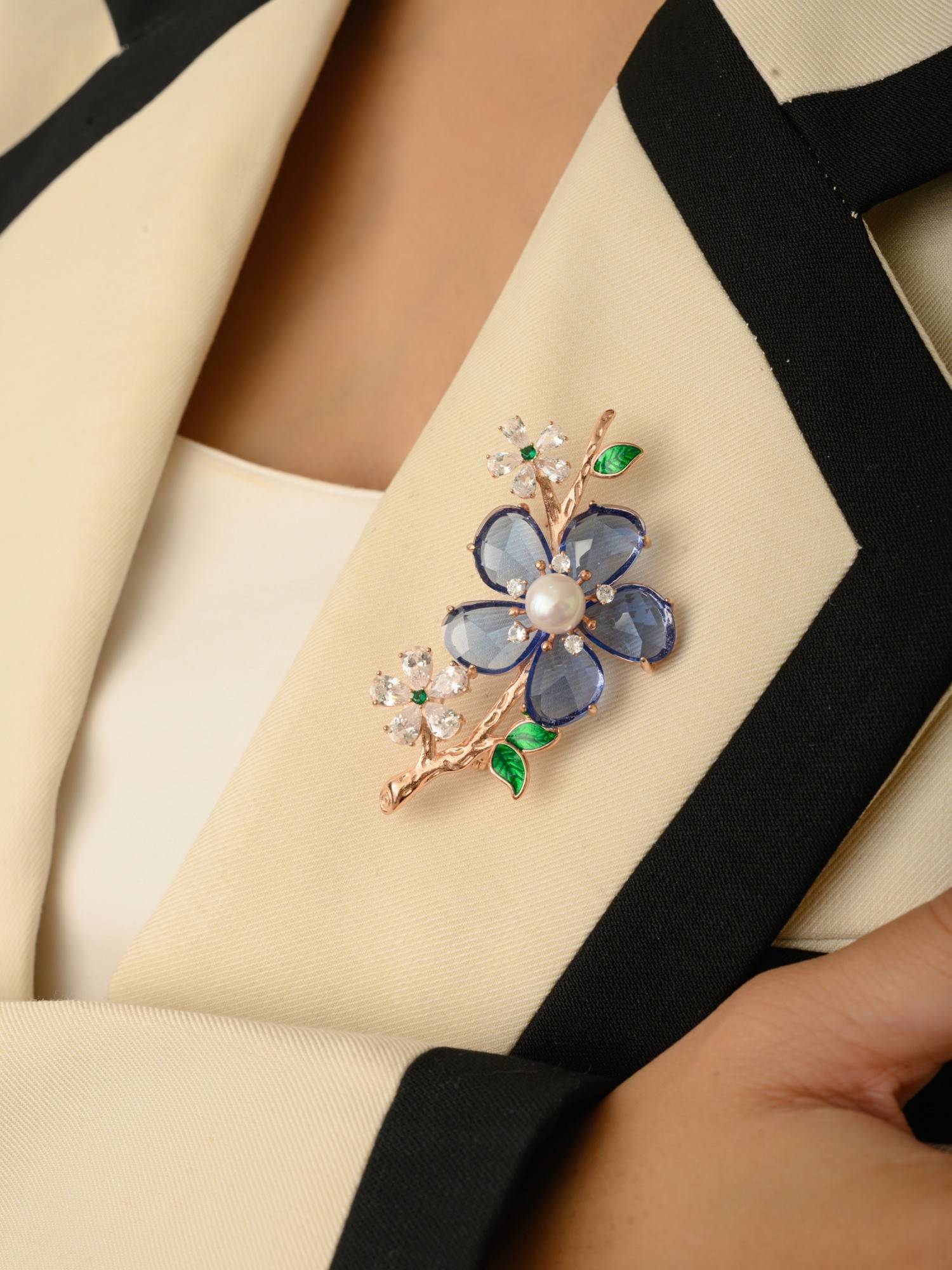 METALM 925 Silver Brooch Pin - Rose Gold Finished Colourful Cz Diamonds Flower Badge