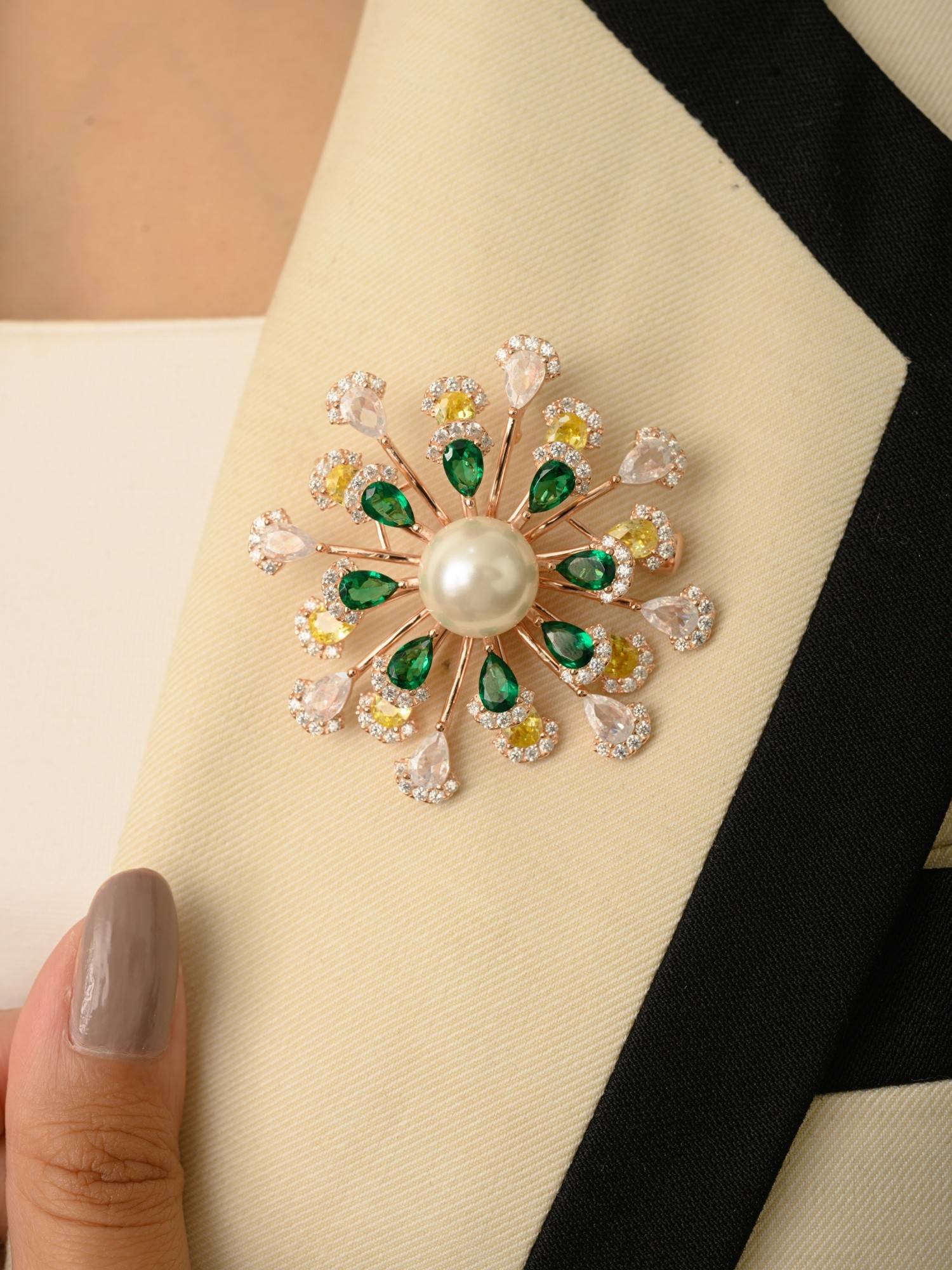 METALM Rose Gold Flower Pearl Brooch In 925 Silver Snowflake Colourful Cz Diamonds