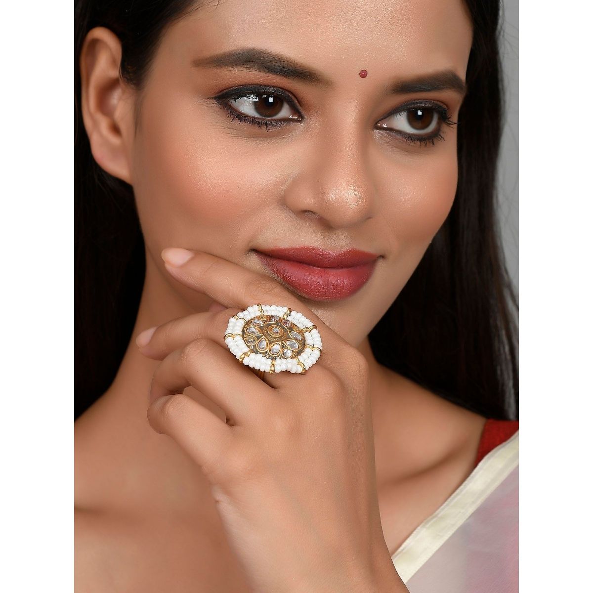 Silvermerc Designs Gold Plated Kundan Meenakari Finger Rings for Women