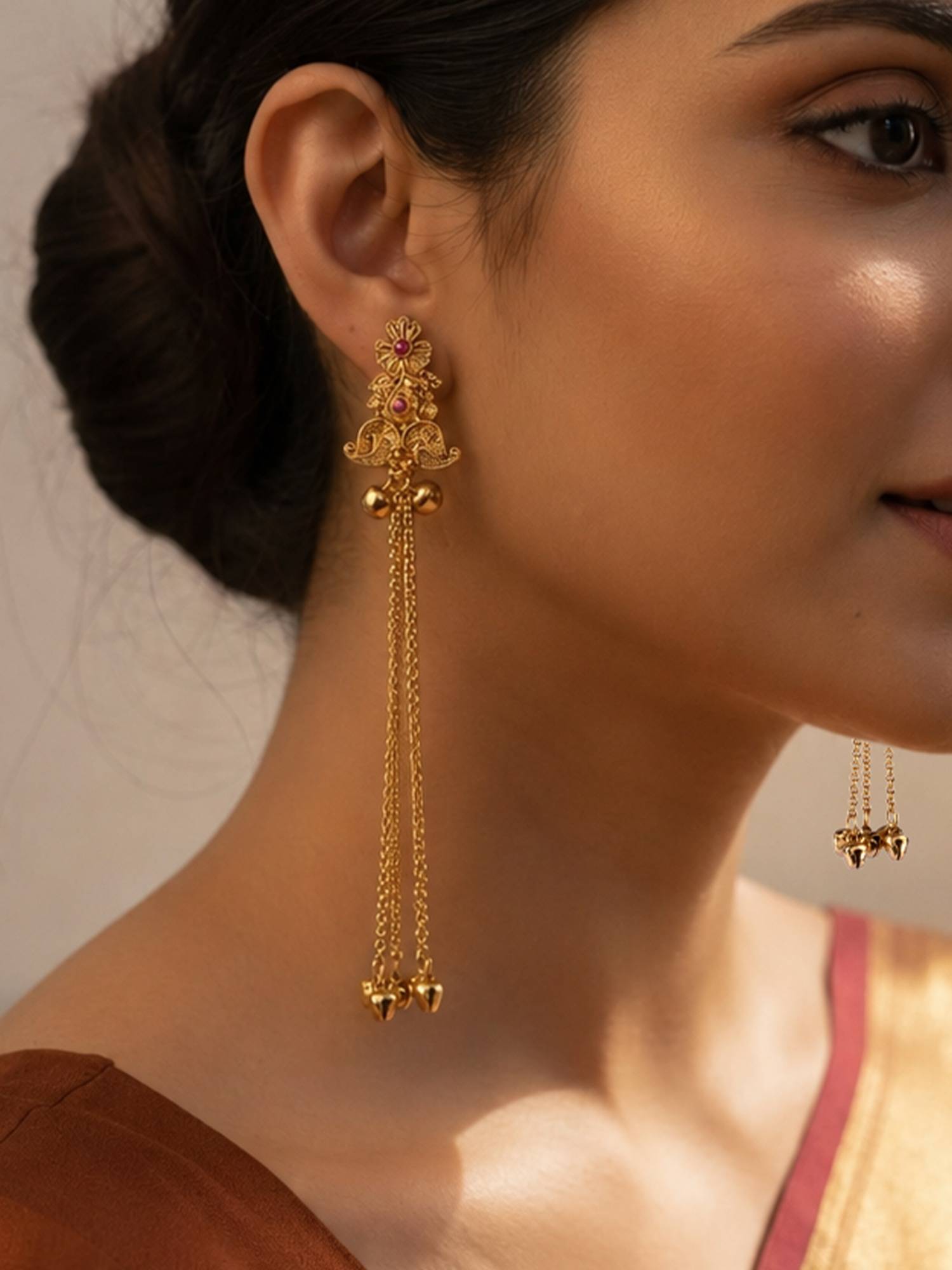 Fida Gold Floral Women Ethnic Long Earrings
