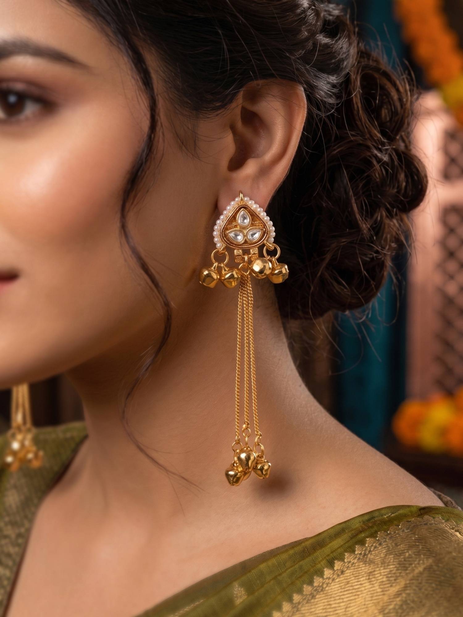 Fida Gold Ghungroo Embellishment Women Ethnic Long Earrings