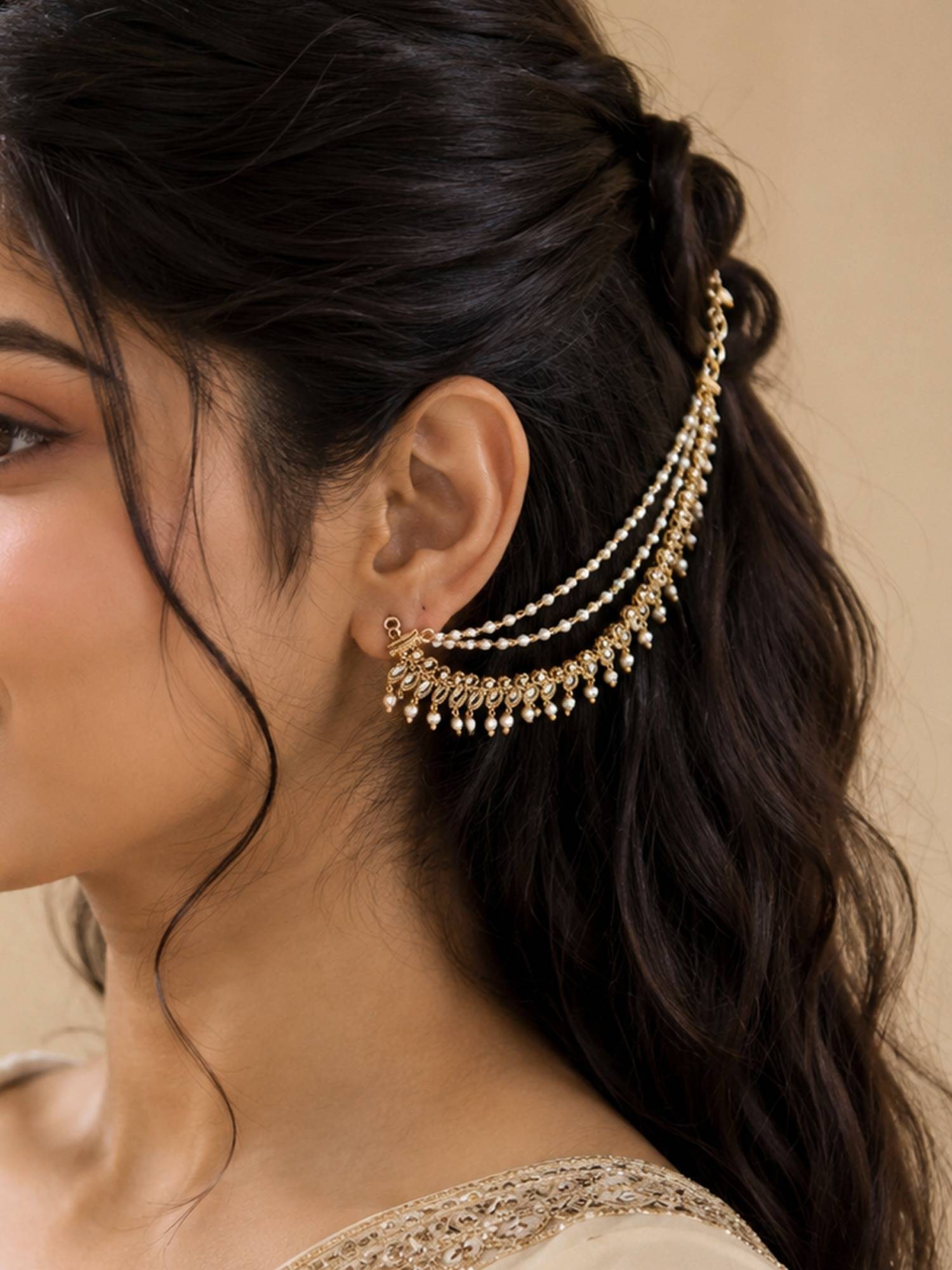 Fida Gold Pearl Embellishment Women Ethnic Ear Chain