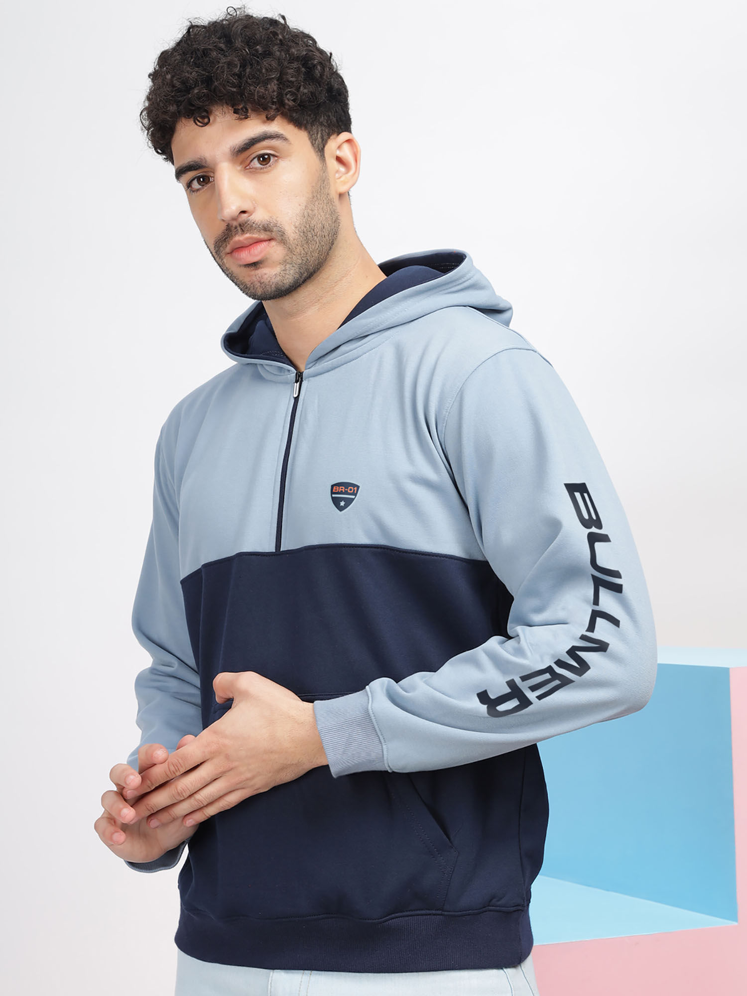 Buy BULLMER Blue Trendy Colour Block Fleece Hoodie Sweatshirt For Men Online