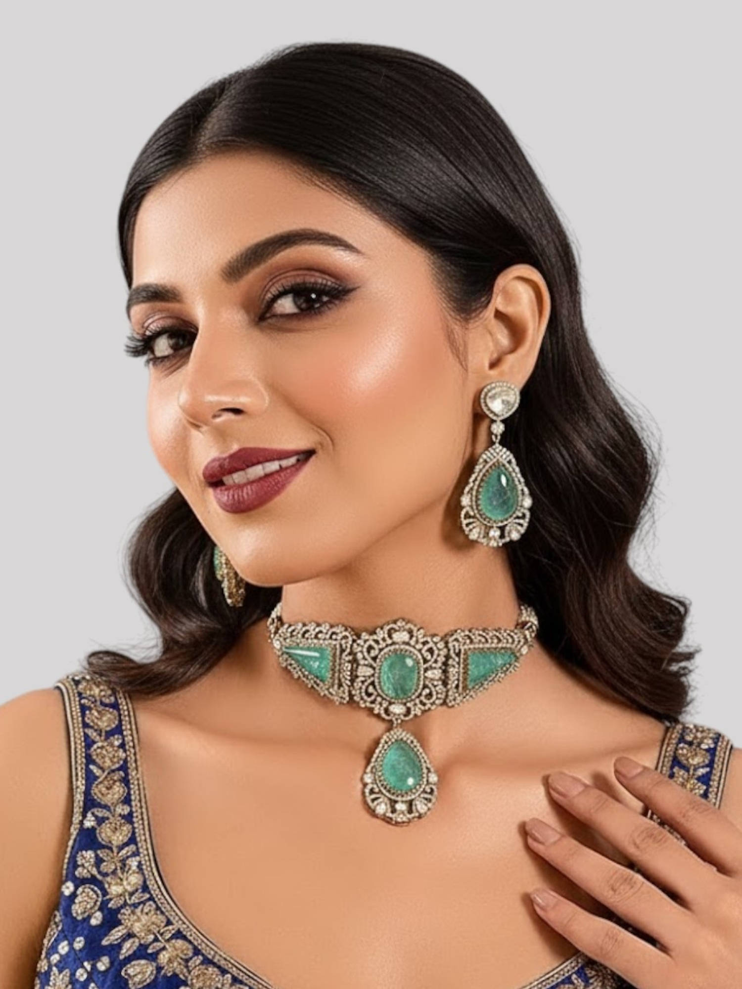 Auraa Trends Luxury Aqua Green Stone Necklace Set for Bridal Statement Jewellery