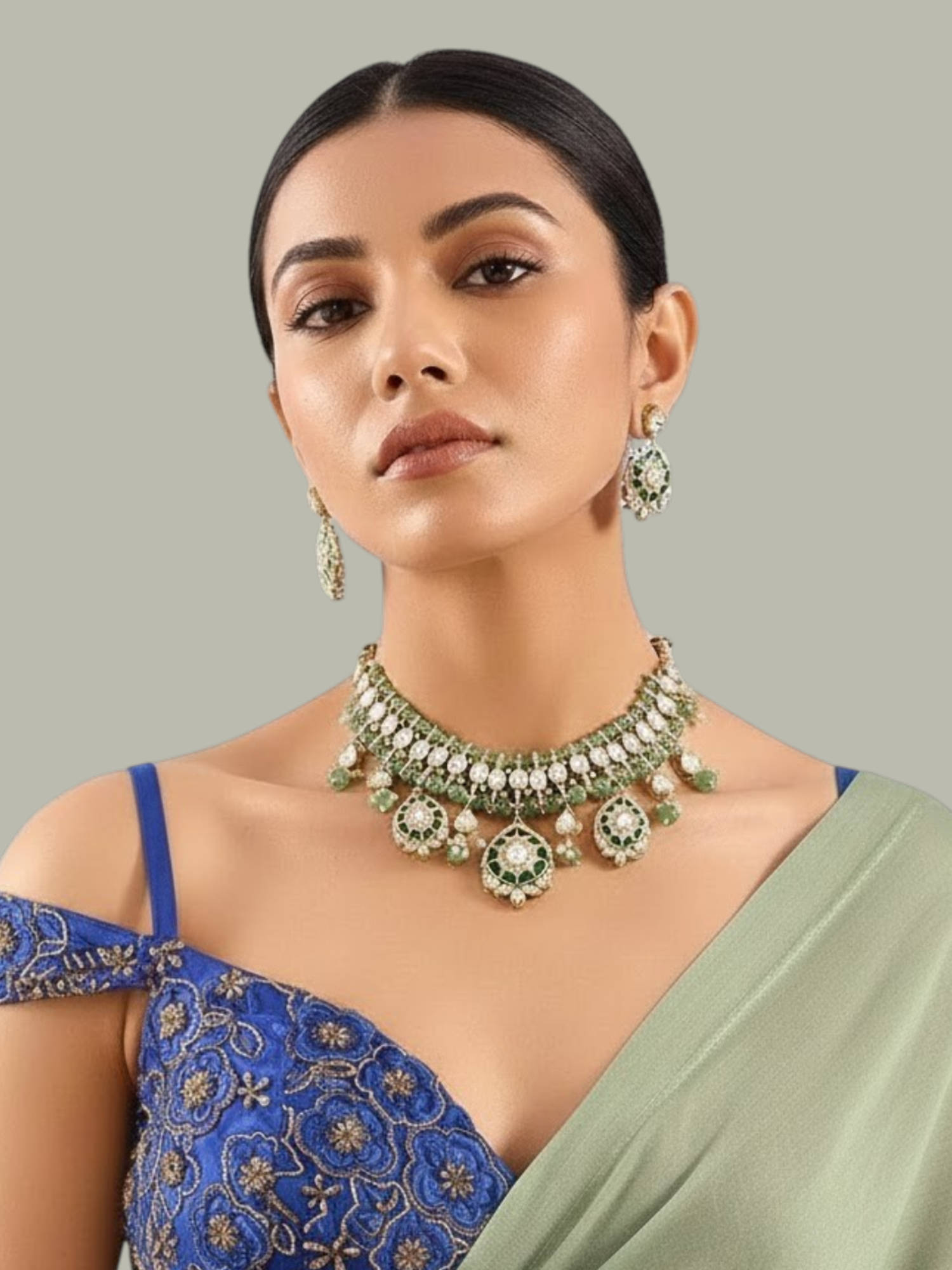Auraa Trends Green Kundan Beaded Necklace Set Festive Wear