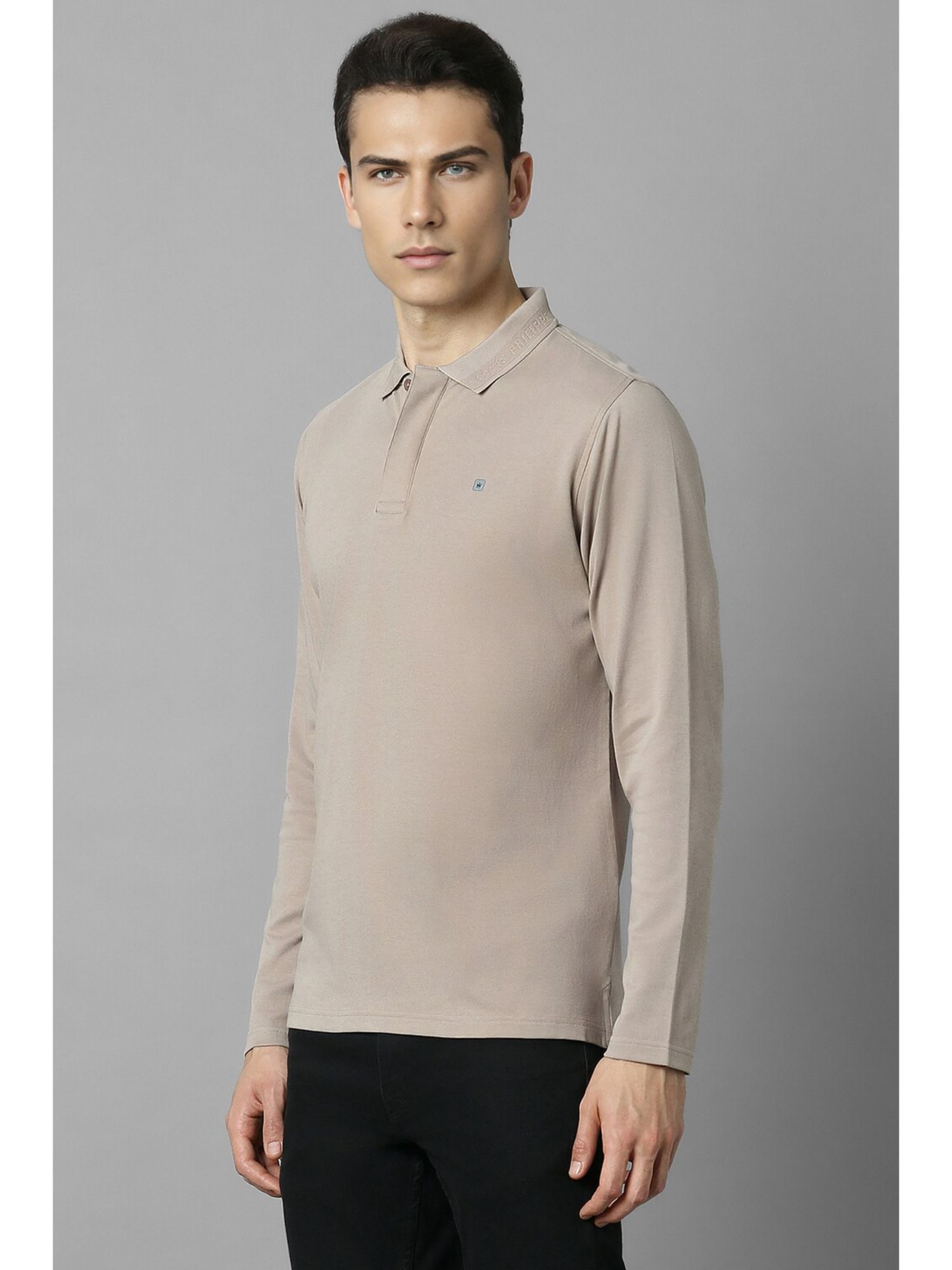 Buy Louis Philippe Men Solid Regular Full Sleeves Collar Neck Beige Polo T Shirt Online