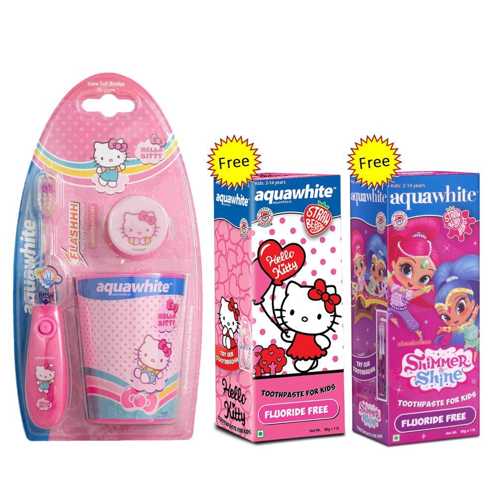 Aquawhite™ Kids Hello Kitty Flash Toothbrush - Set of 3,(Dark Pink)+2 Toothpaste Free