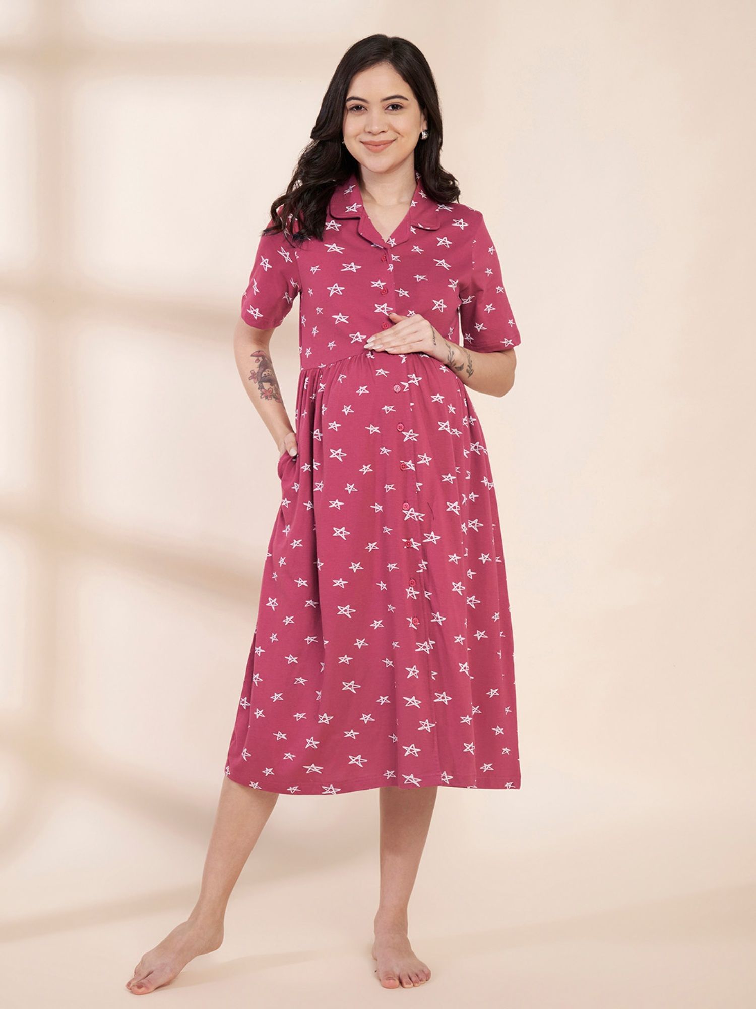 Buy Secret Wish Pink Star Printed Hosiery Padded Maternity Dress