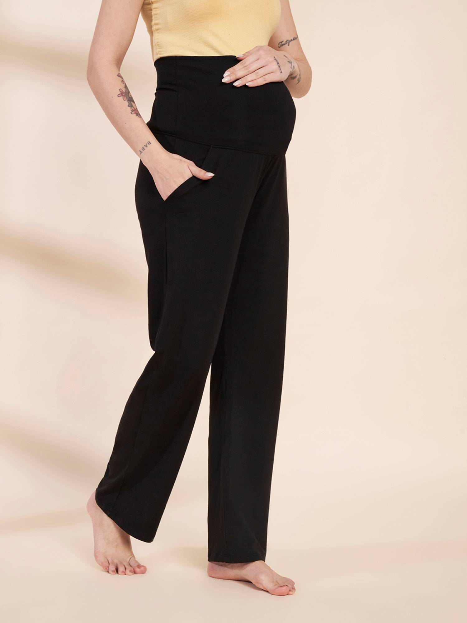 Buy Secret Wish Black Solid Hosiery Maternity Track Pants Online