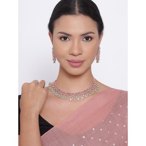 Indian Rose Gold Plated Mint Pink Diamond Necklace Jewellery Set for Women