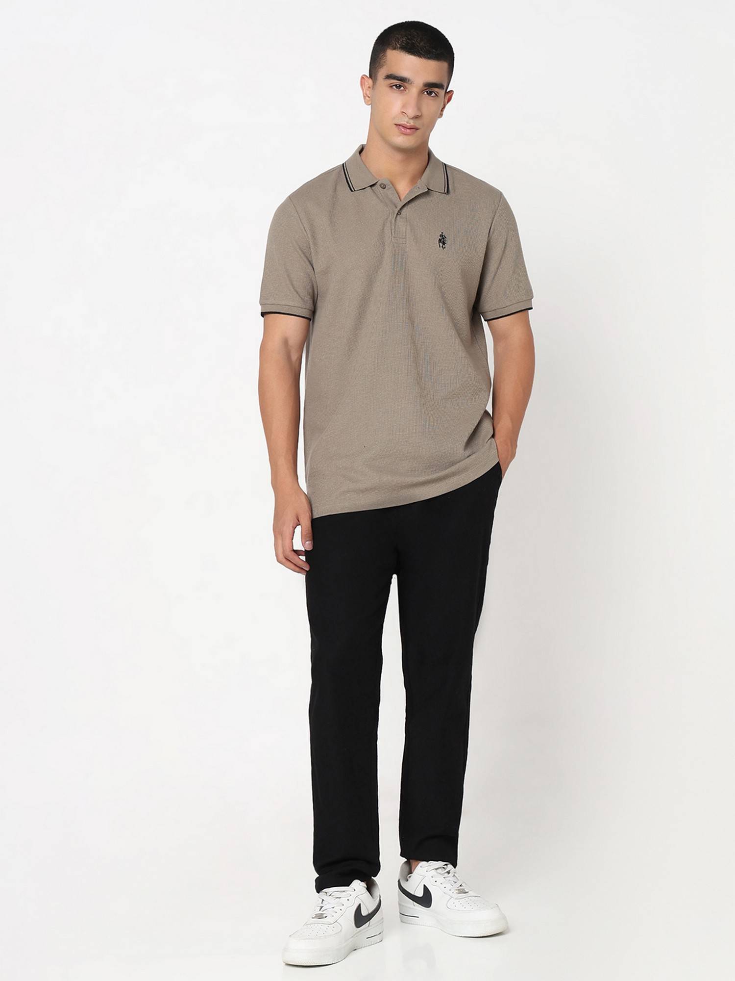 Buy R&B Olive Cotton Slim Fit Solid Men Collar Neck Polo T-Shirt Online