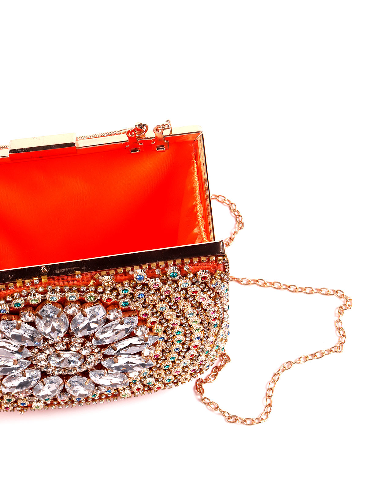 Odette Orange Clutch Heavily Embellished In Multicolored Stone Buy