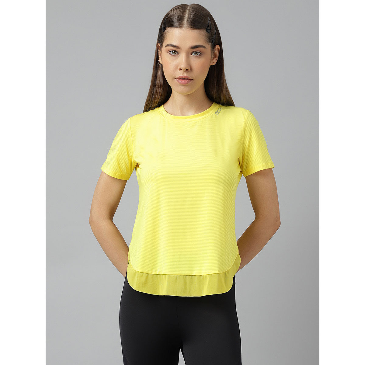 Buy Fitkin Women Yellow Self Stripes Bottom Net Detail T-Shirt Online