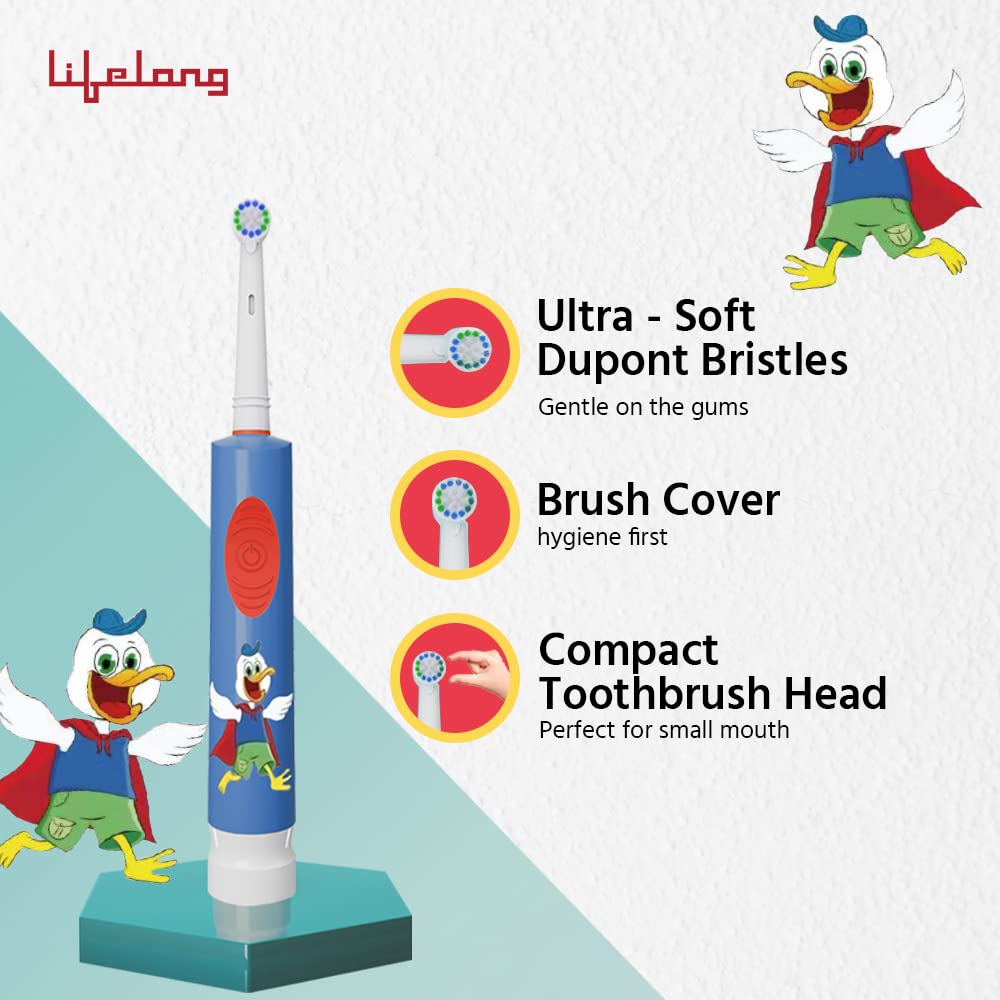 Lifelong LLDC90 Battery Toothbrush for Kids with 1 Handle, 2 Brush Heads, Stickers & 2xAAA