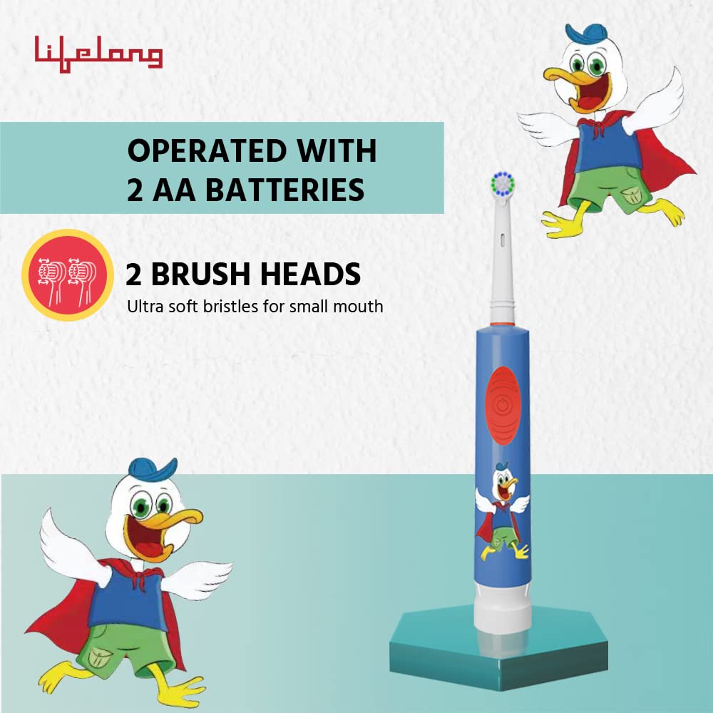 Lifelong LLDC90 Battery Toothbrush for Kids with 1 Handle, 2 Brush Heads, Stickers & 2xAAA