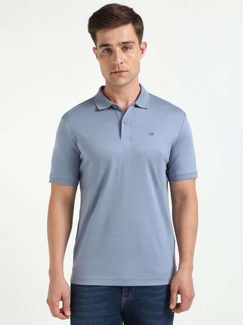 Buy Calvin Klein Blue Solid Slim Fit Cotton Polo T-Shirt Online
