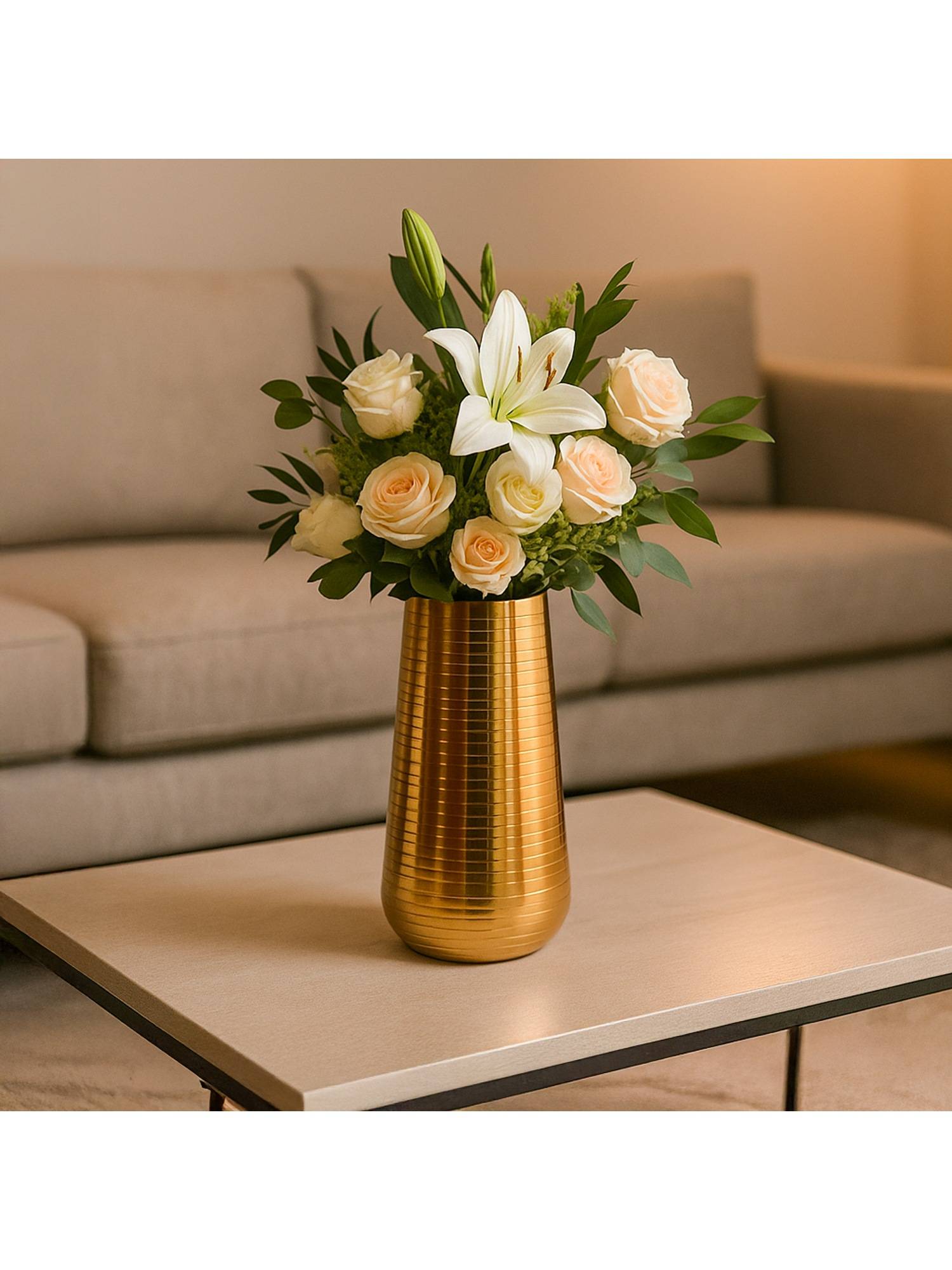 Voncasa Gold Toned Shiny Tapered-Ribbed Metal Cylinder-Shaped Flower Vase