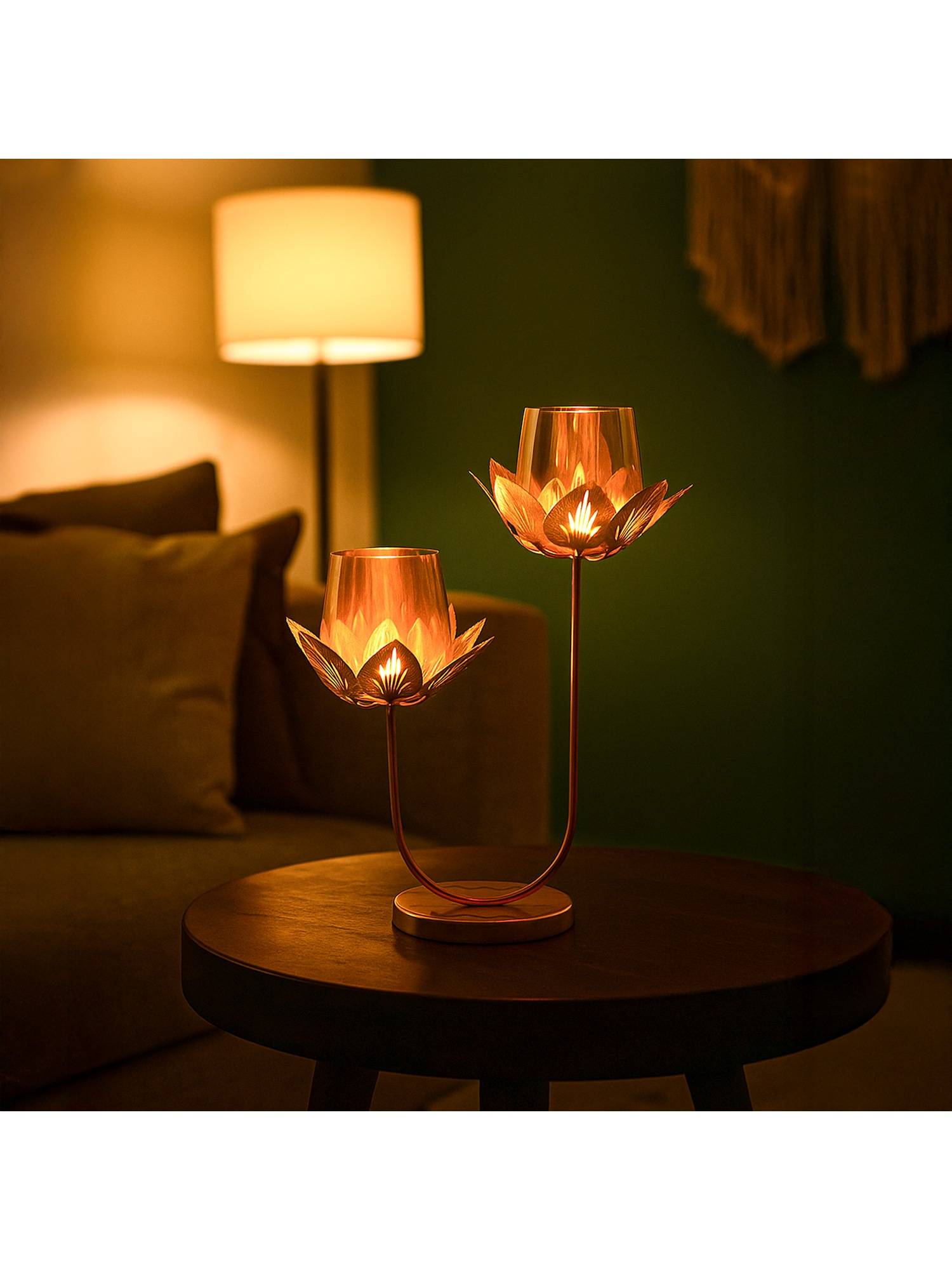 Voncasa Golden Lotus Glow Metal & Glass T-Light Candle Holder
