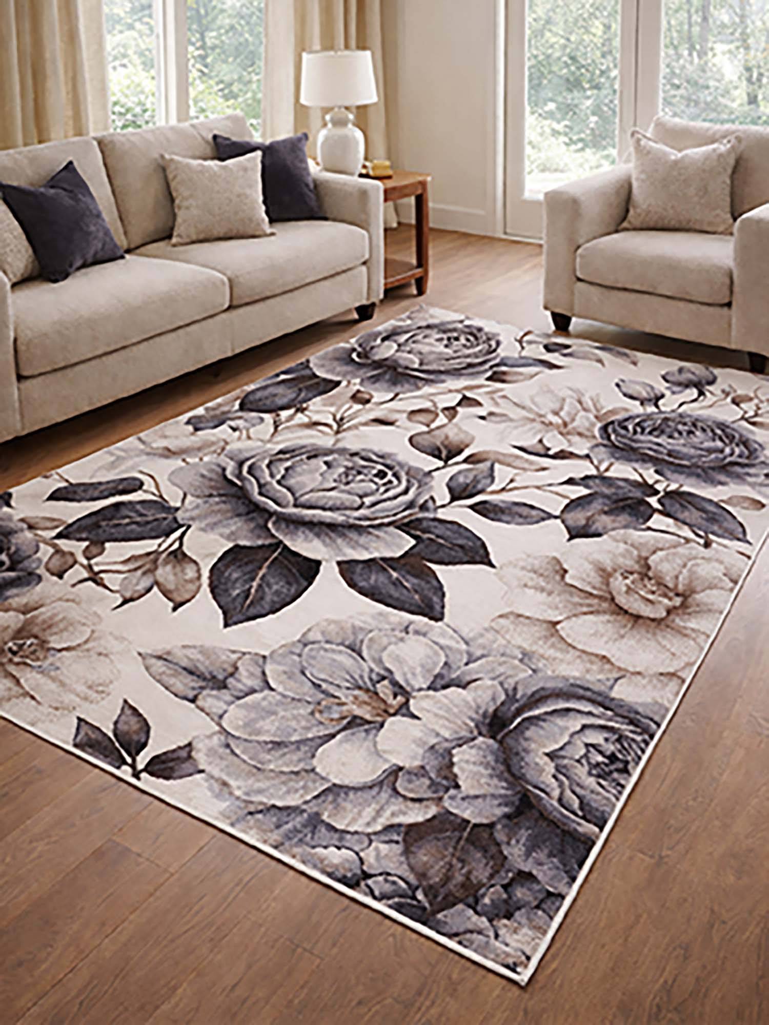 OBSESSIONS Cream Floral Polypropylene Jute Backing Carpet