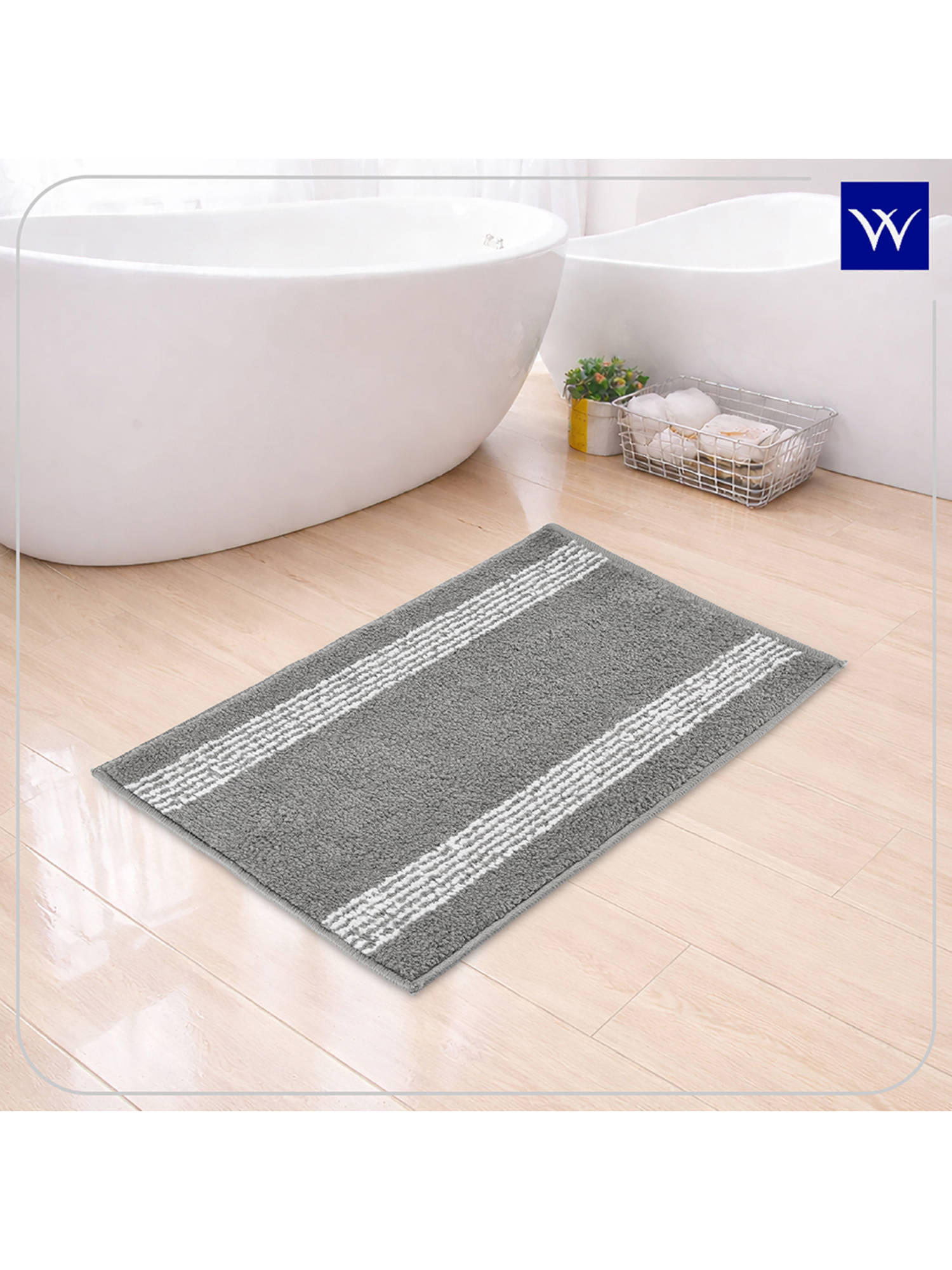 Welspun Grey Classic Polyester Machine Tufted Striped Anti-Skid Bath Mat (S)