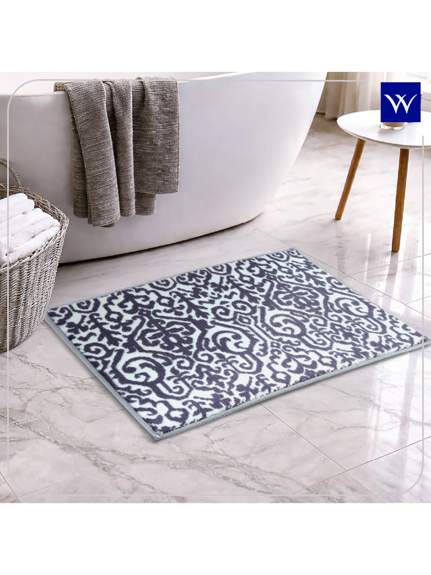 Welspun Blue Ethan Polyester Machine Tufted Ornate Stain Resistant Bath Mat (S)