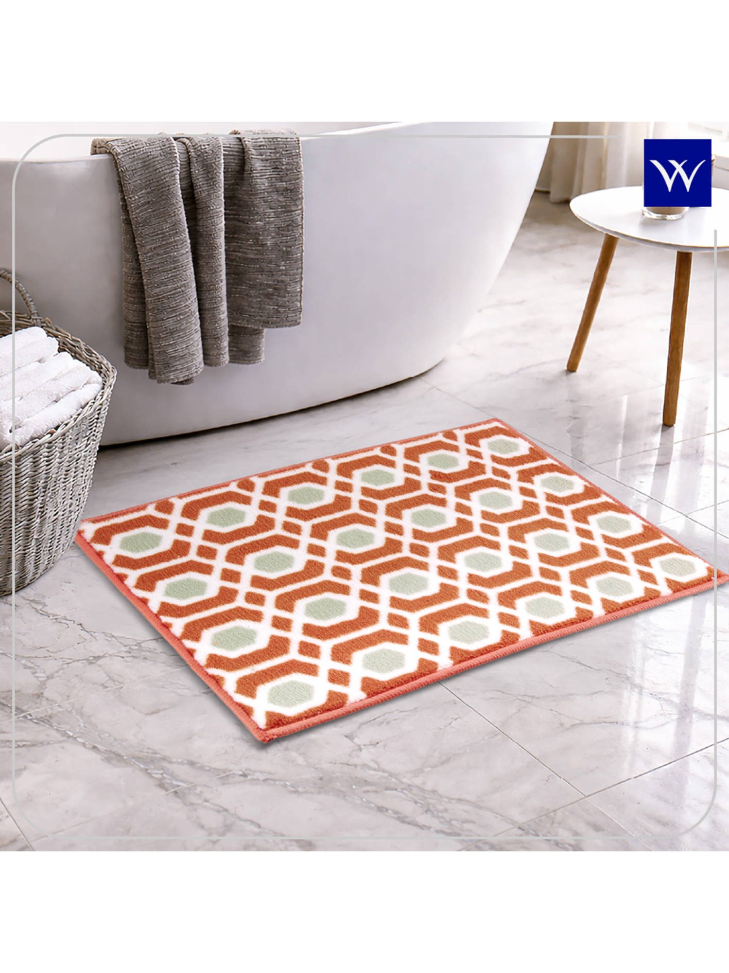Welspun Orange Ethan Polyester Machine Tufted Ornate Stain Resistant Bath Mat (S)