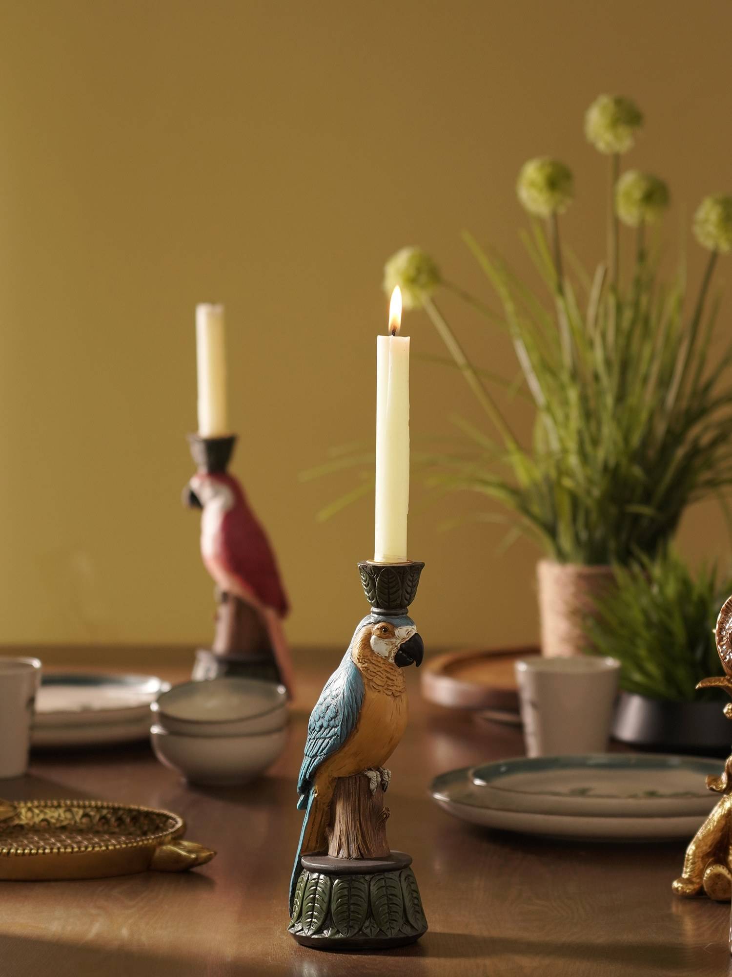 Pure Home + Living Blue Yellow Polyresin Macaw Candle Holder