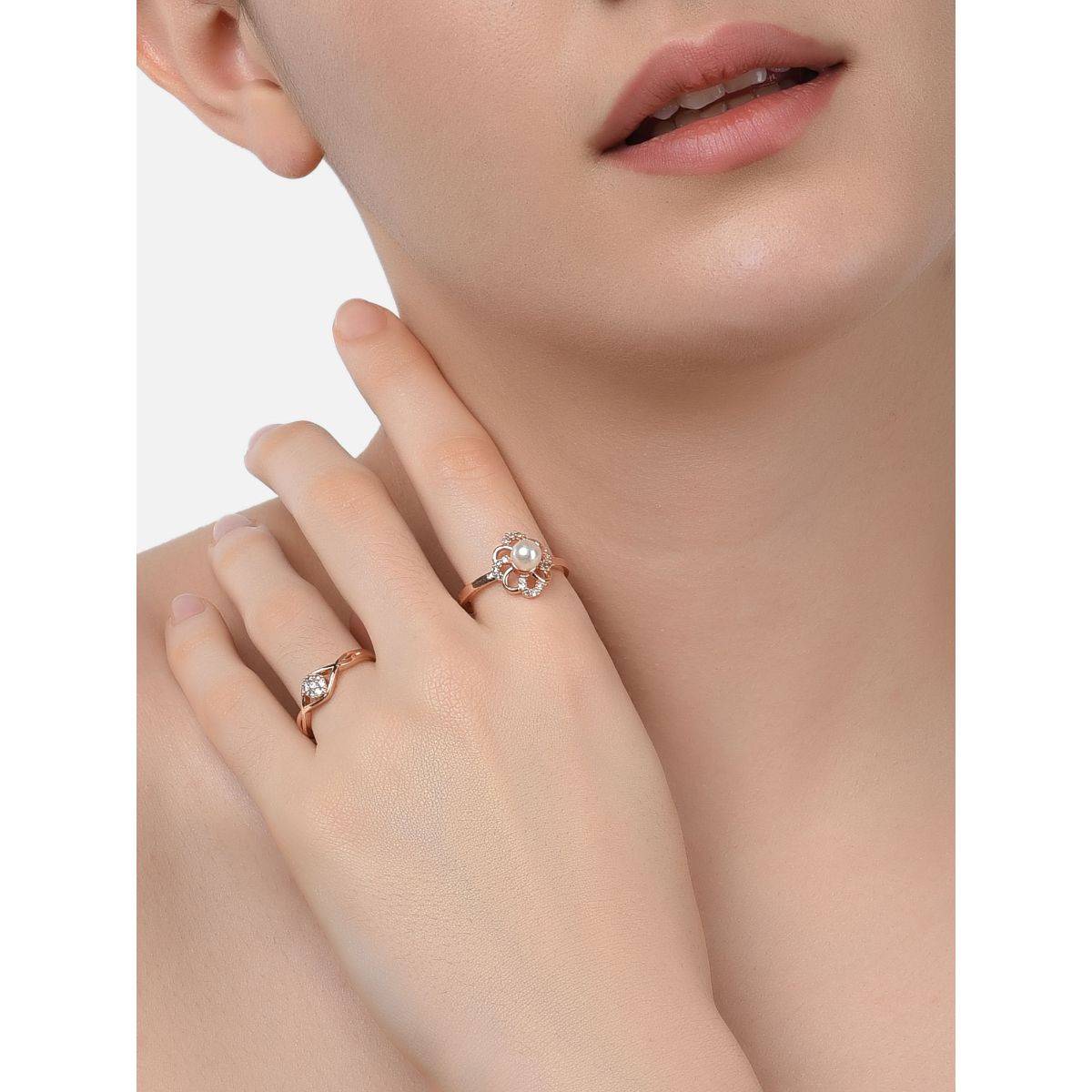 Zaveri Pearls Set of 2 Stunning Rose Gold Contemporary Cubic Zirconia Brass Rings-ZPFK11197