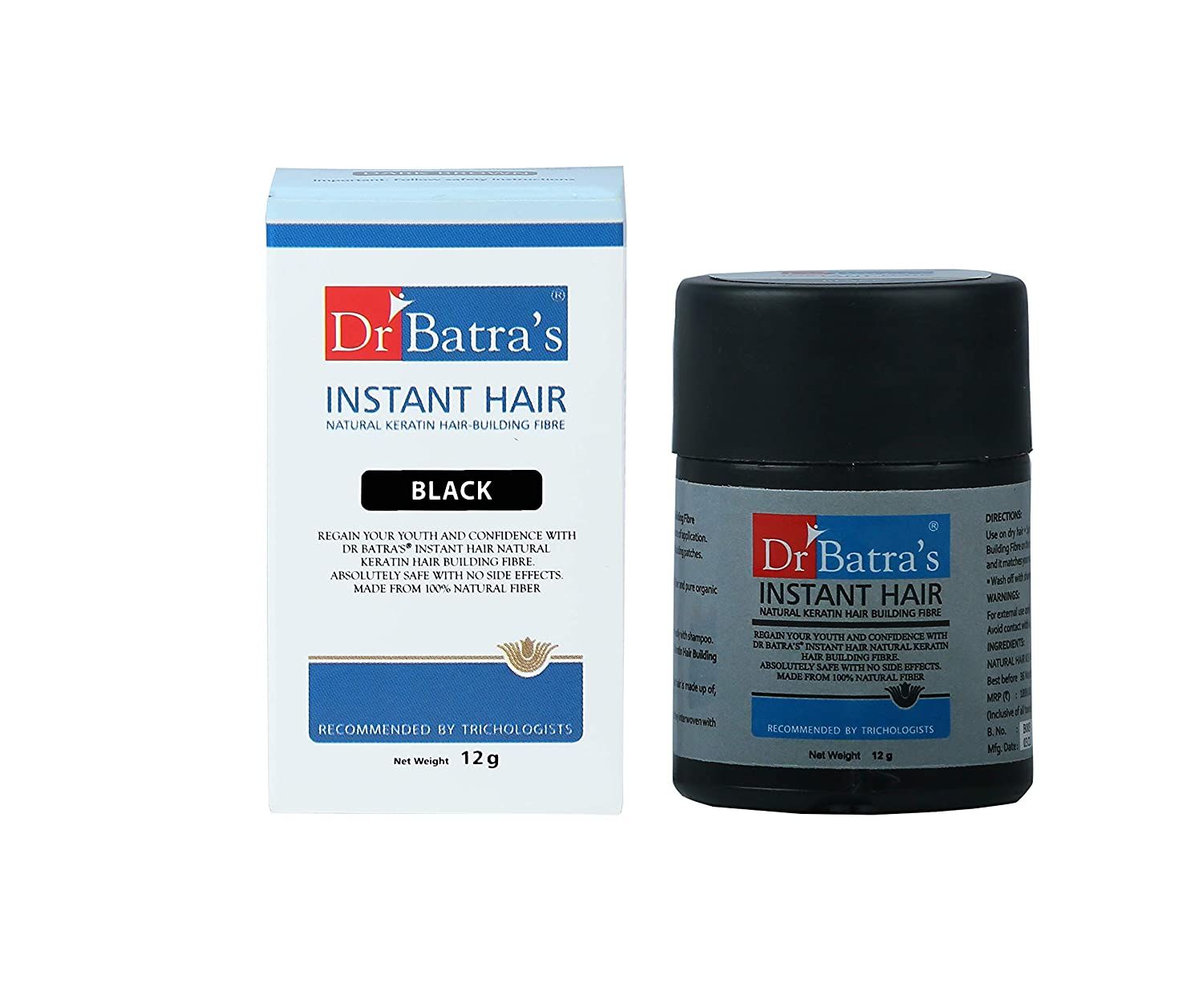 Dr Batra's Instant Hair Natural Keratin Hair Building Fibre, Black,Instant Volume for Thin Hair
