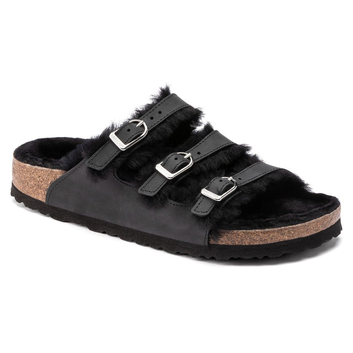 Birkenstock Florida Fresh Shearling Black Oiled Leather Narrow Width Multi Strap Sandals EURO 35