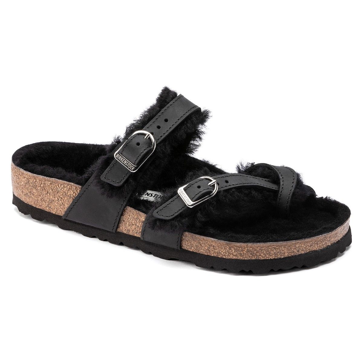 Birkenstock Mayari Shearling Black Oiled Leather Regular Width Thong Sandals EURO 35