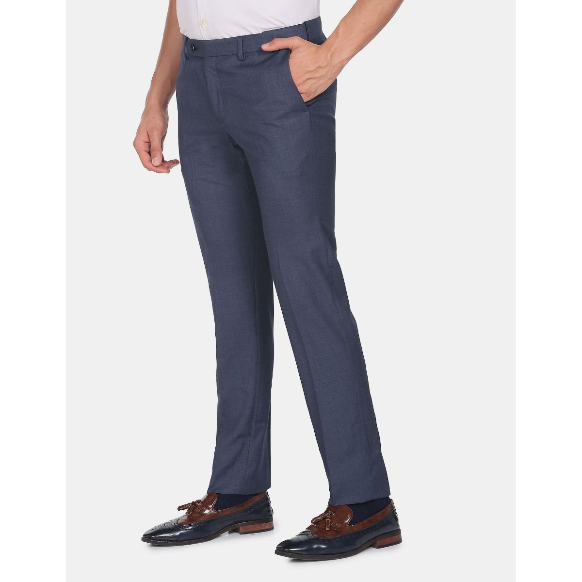 Buy Arrow Men Blue Hudson Tailored Fit Autoflex Formal Trousers Online