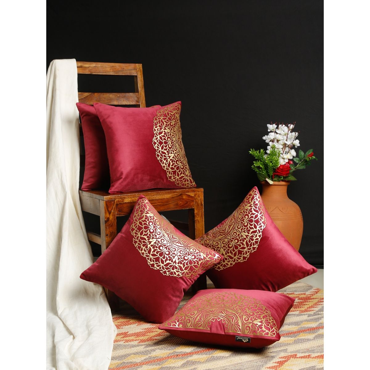 Buy HOSTA HOMES Red and Gold Toned Set of 5 Ethnic Motifs Velvet