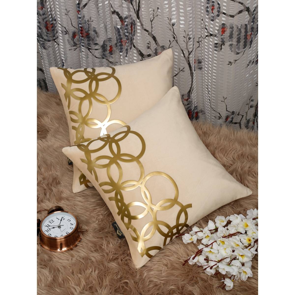 HOSTA HOMES Cream and Gold Toned Set of 2 Geometric Square Cushion Covers