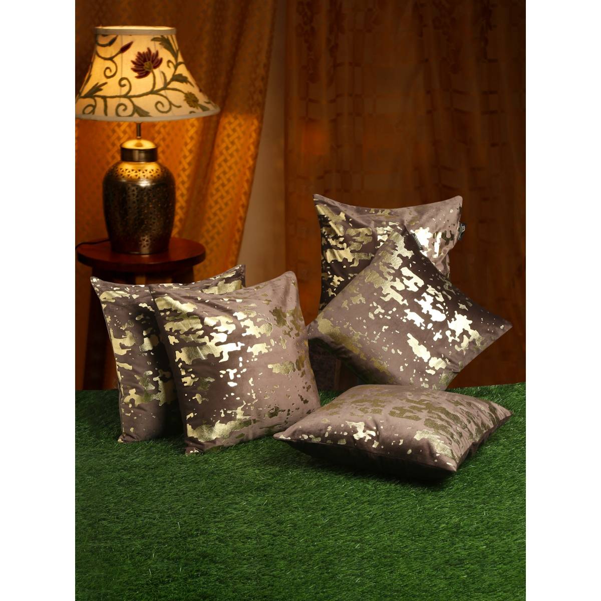 HOSTA HOMES Brown and Gold Toned Set of 5 Abstract Velvet Square Cushion Covers