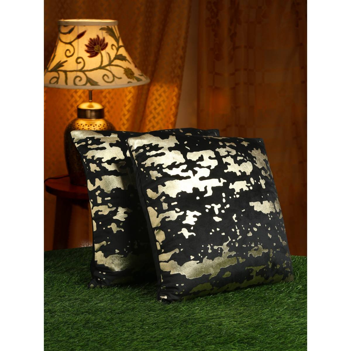 HOSTA HOMES Black and Gold Toned Set of 2 Foil Printed Square Cushion Covers