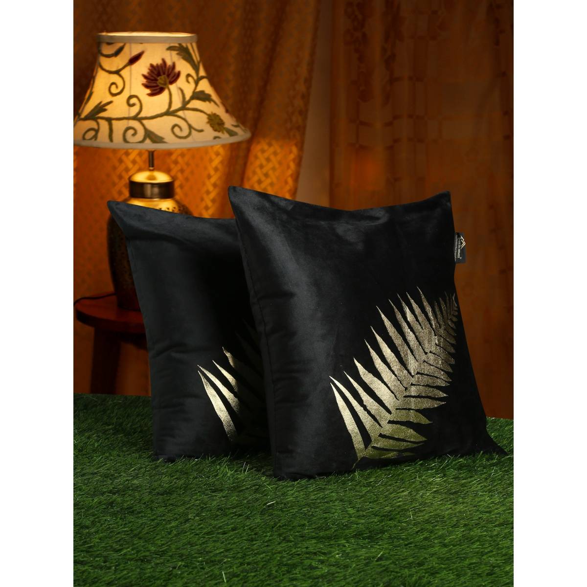 HOSTA HOMES Black and Gold Toned Set of 2 Printed Velvet Square Cushion Covers