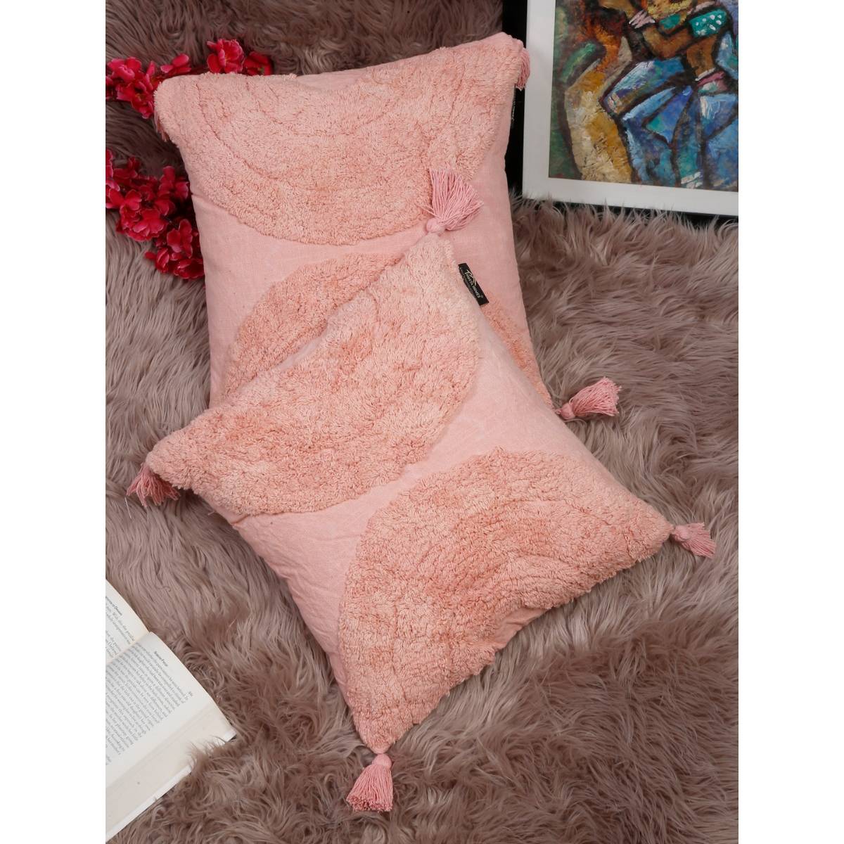 HOSTA HOMES Pink Set of 2 Self Design Pure Cotton Square Cushion Covers