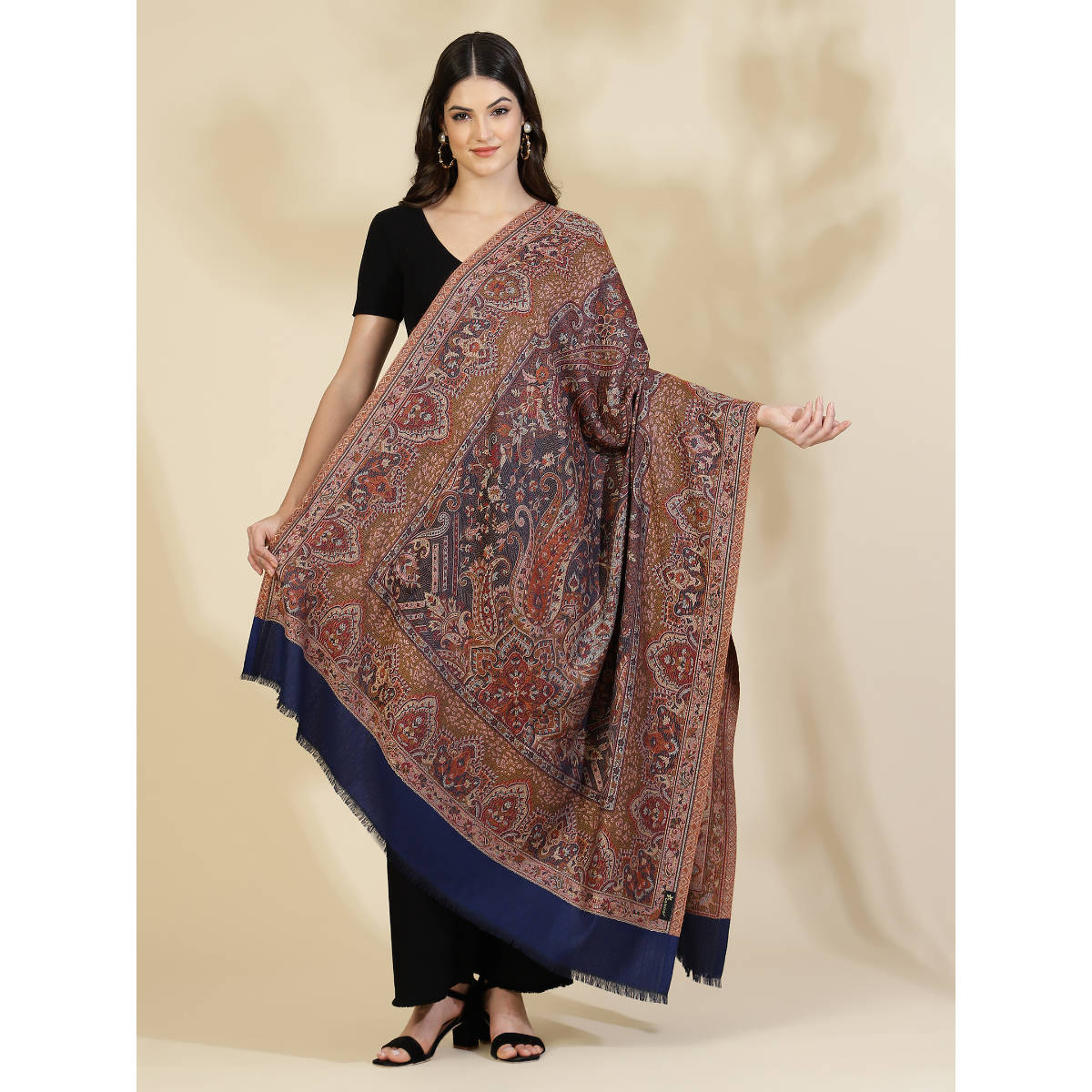Zamour Navy Blue Jacquard Woven Jamawar Shawl