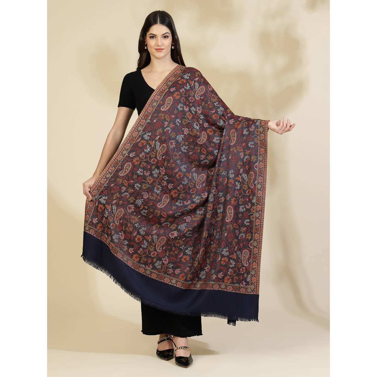 Zamour Navy Blue Jacquard Woven Floral Jaal Shawl