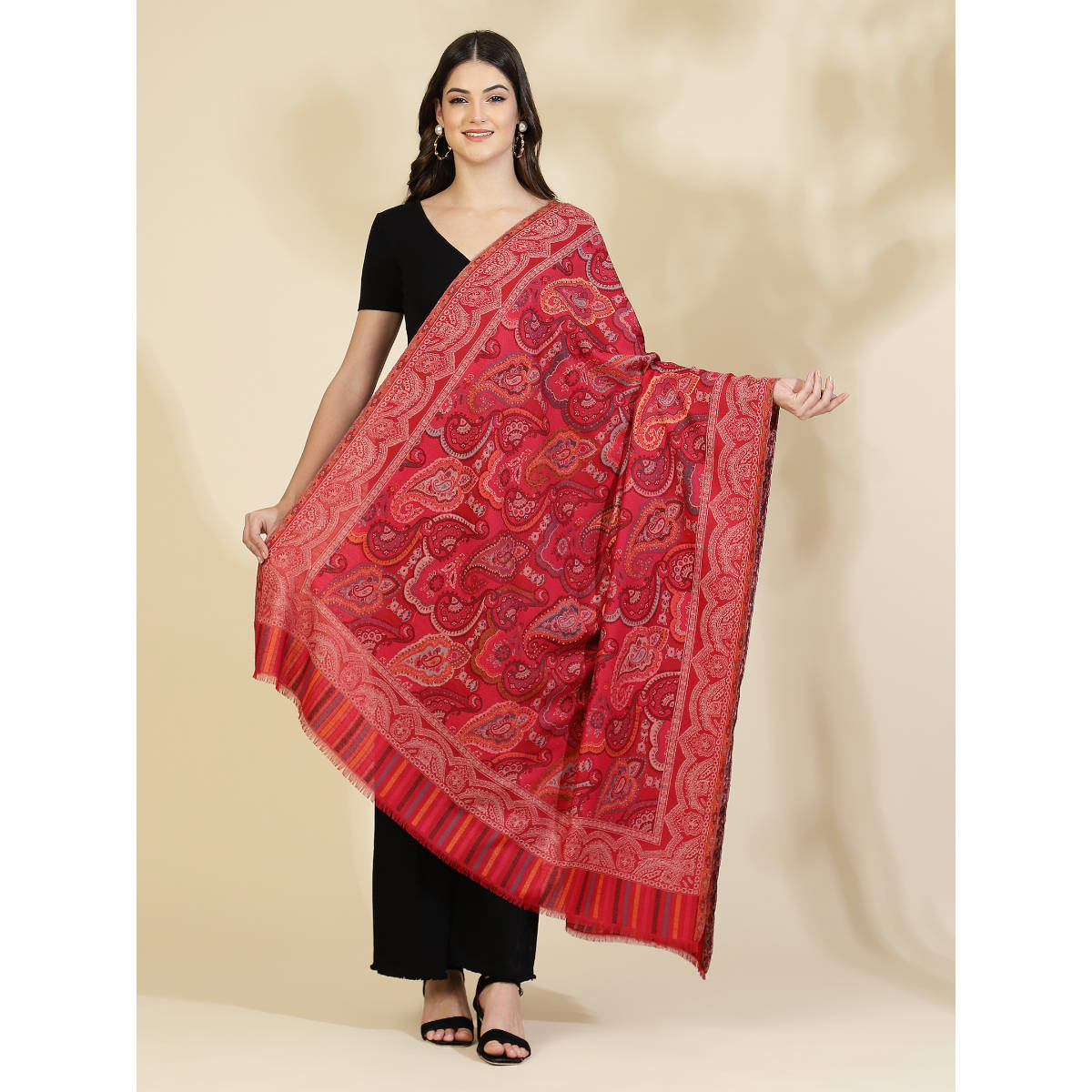 Zamour Red Kani Paisley Weave Wool Shawl