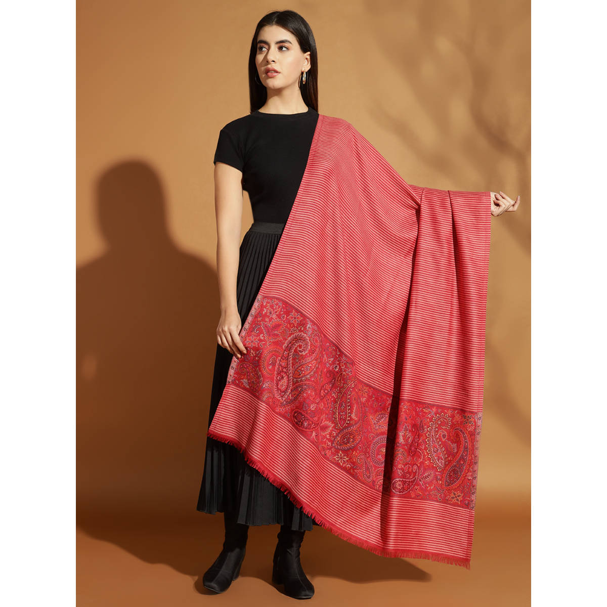 Zamour Red Woven Striped Paisley Border Shawl