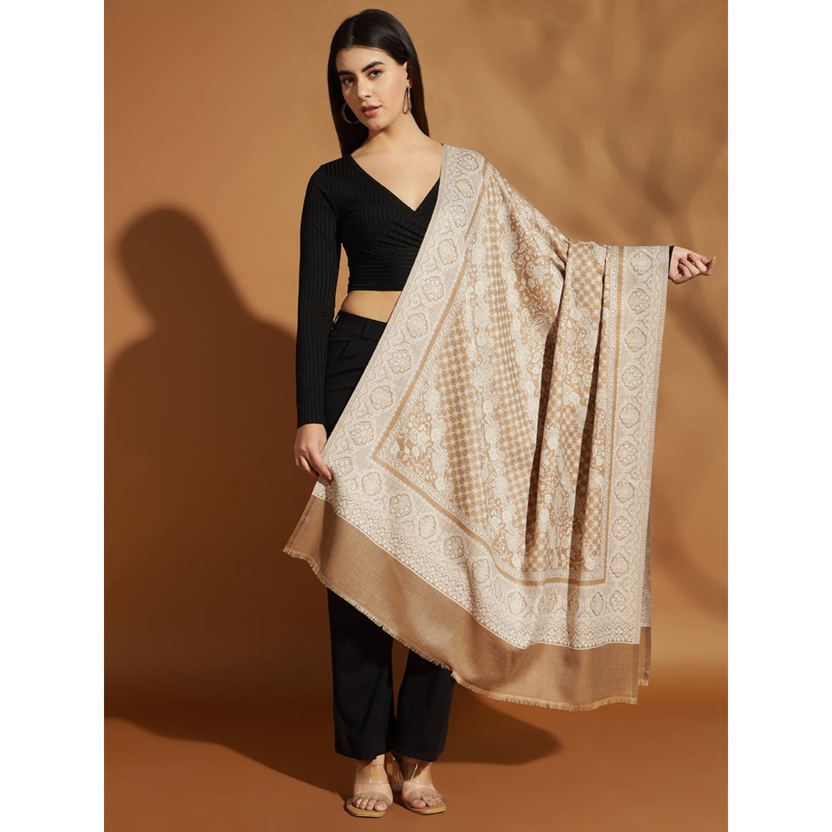Zamour Beige Woven Jacquard Fine Floral Design Shawl
