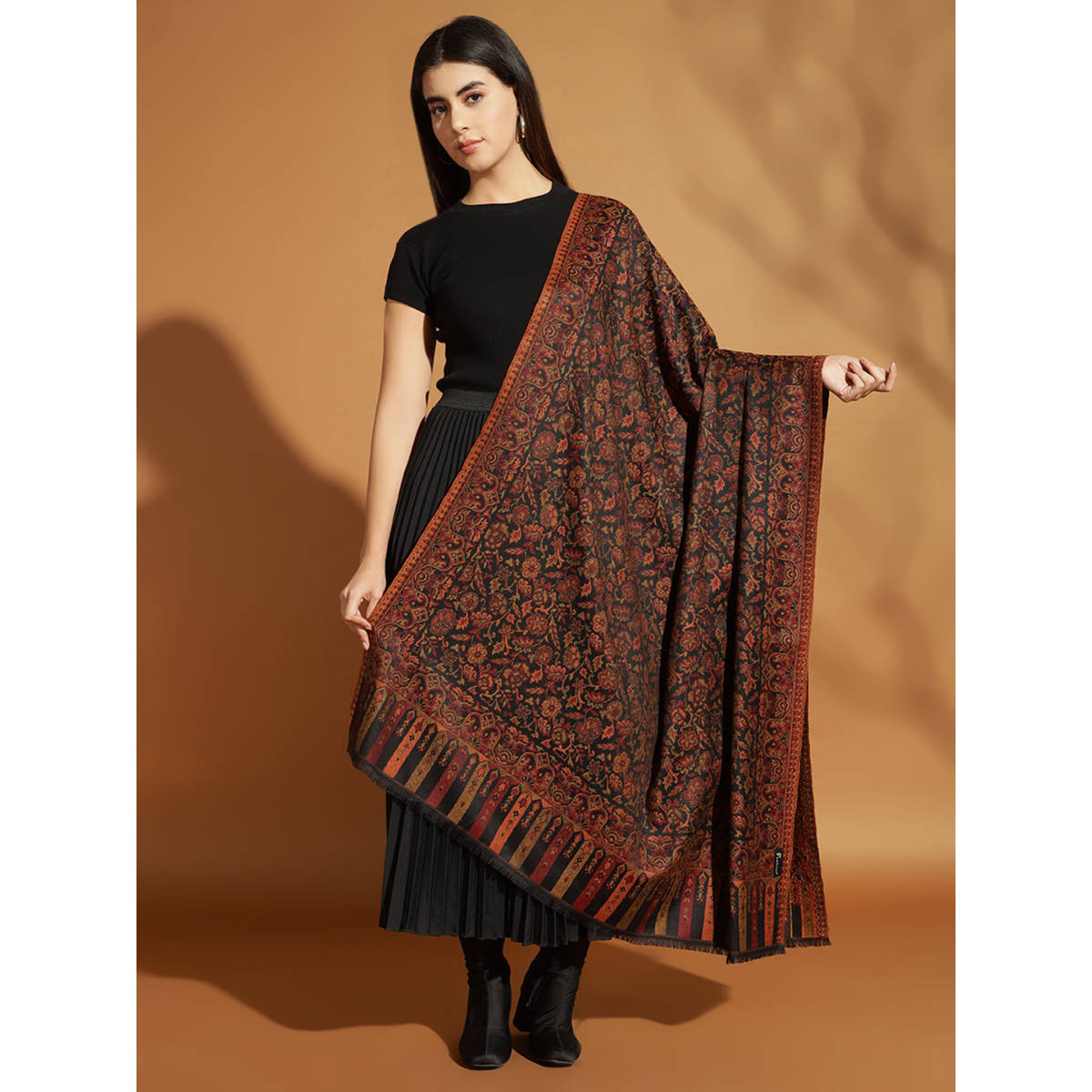 Zamour Black Jacquard Woven Floral Jaal Shawl